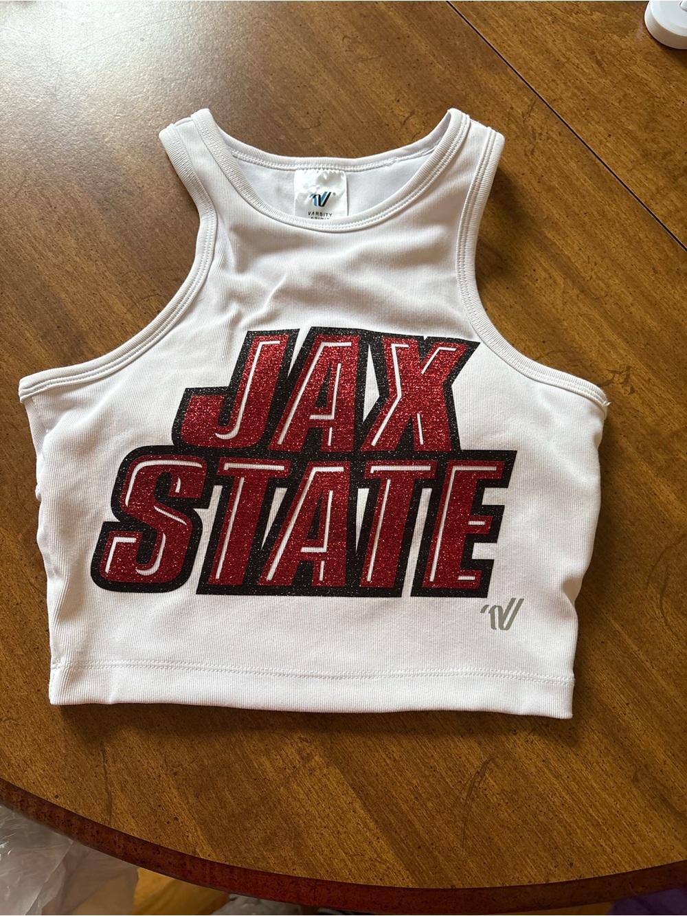 Varsity White Crop Tank Top with Red Glitter "JAX STATE" Graphic